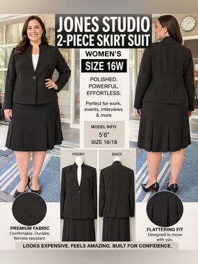 Jones Studio Black 2PC Skirt Suit 16W Career Office Church Elegant